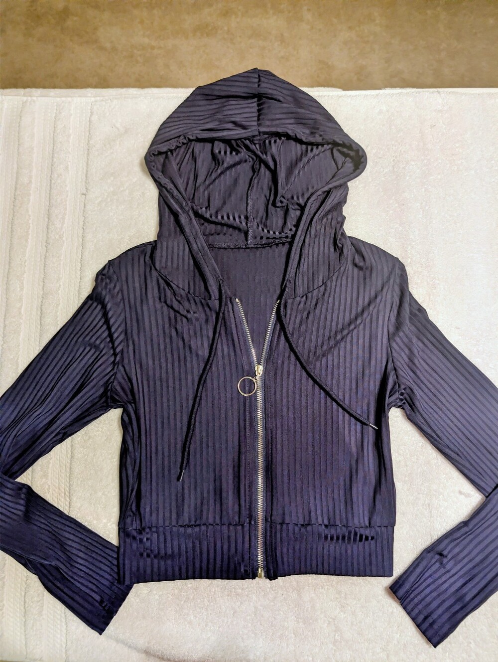 SHEIN Navy Ribbed Cropped Zip Hoodie Jacket with Ring Zipper Pull